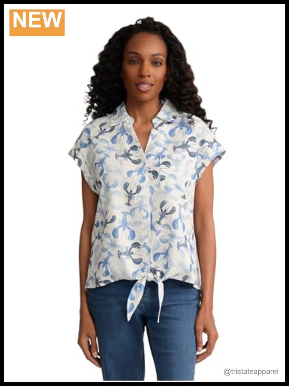 Linen Blend Cap Sleeve Tie-Front Button-Down Blouse